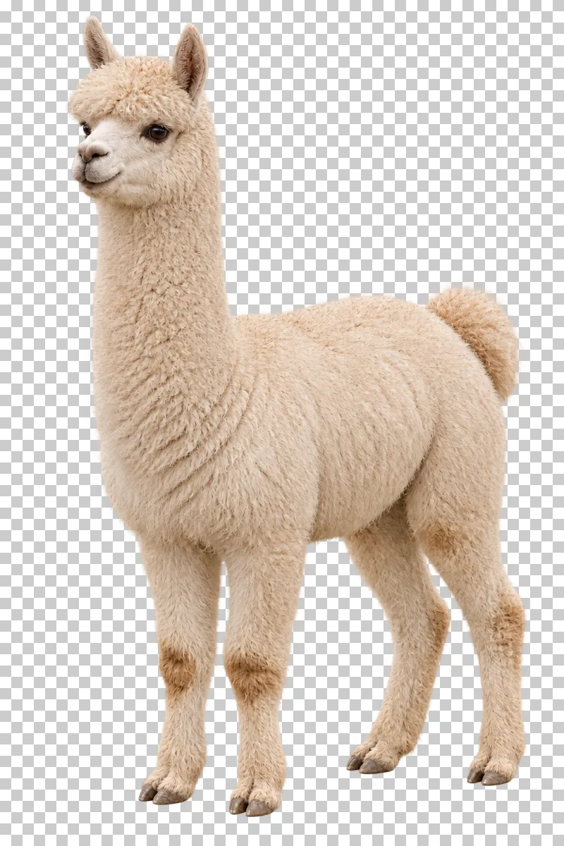 A cream alpaca standing with dense fleece, upright ears and two-toed feet.