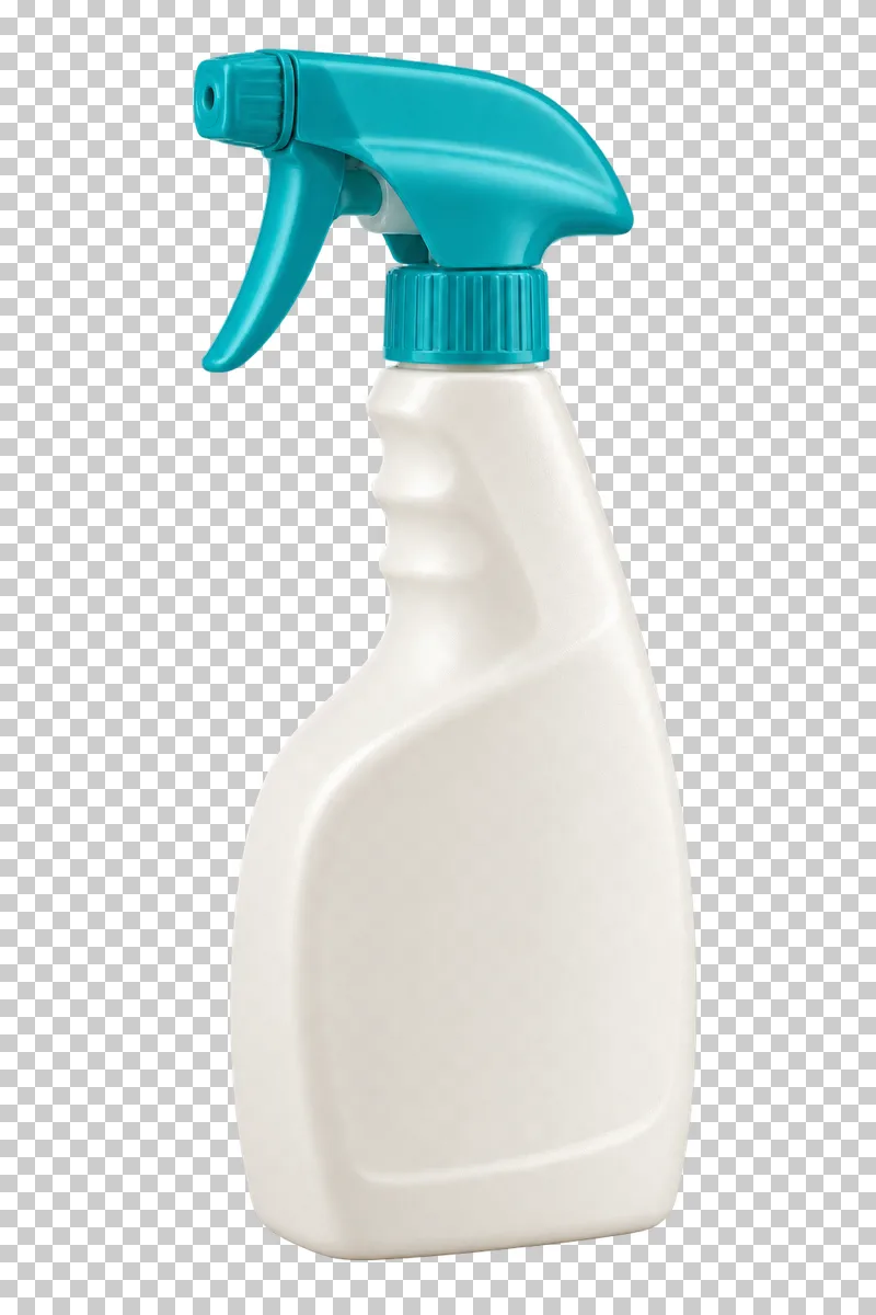 An opaque warm-white cleaning spray bottle with a turquoise trigger and nozzle.