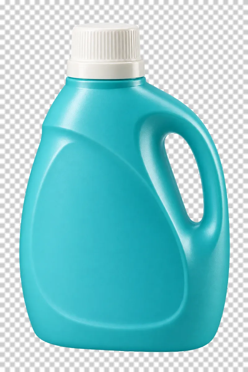 An opaque turquoise detergent bottle with an integrated handle and a white screw cap.