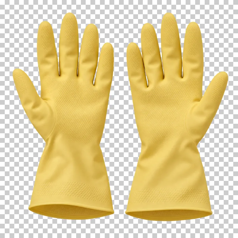 A matching pair of yellow rubber cleaning gloves with textured palms and open cuffs.