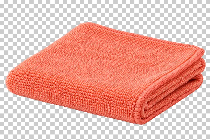 A folded coral microfiber cloth with looped fibers and stitched edges.