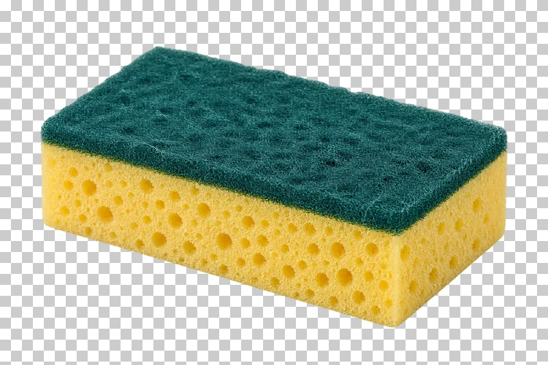 A yellow porous sponge topped with a dark teal fibrous scouring layer.