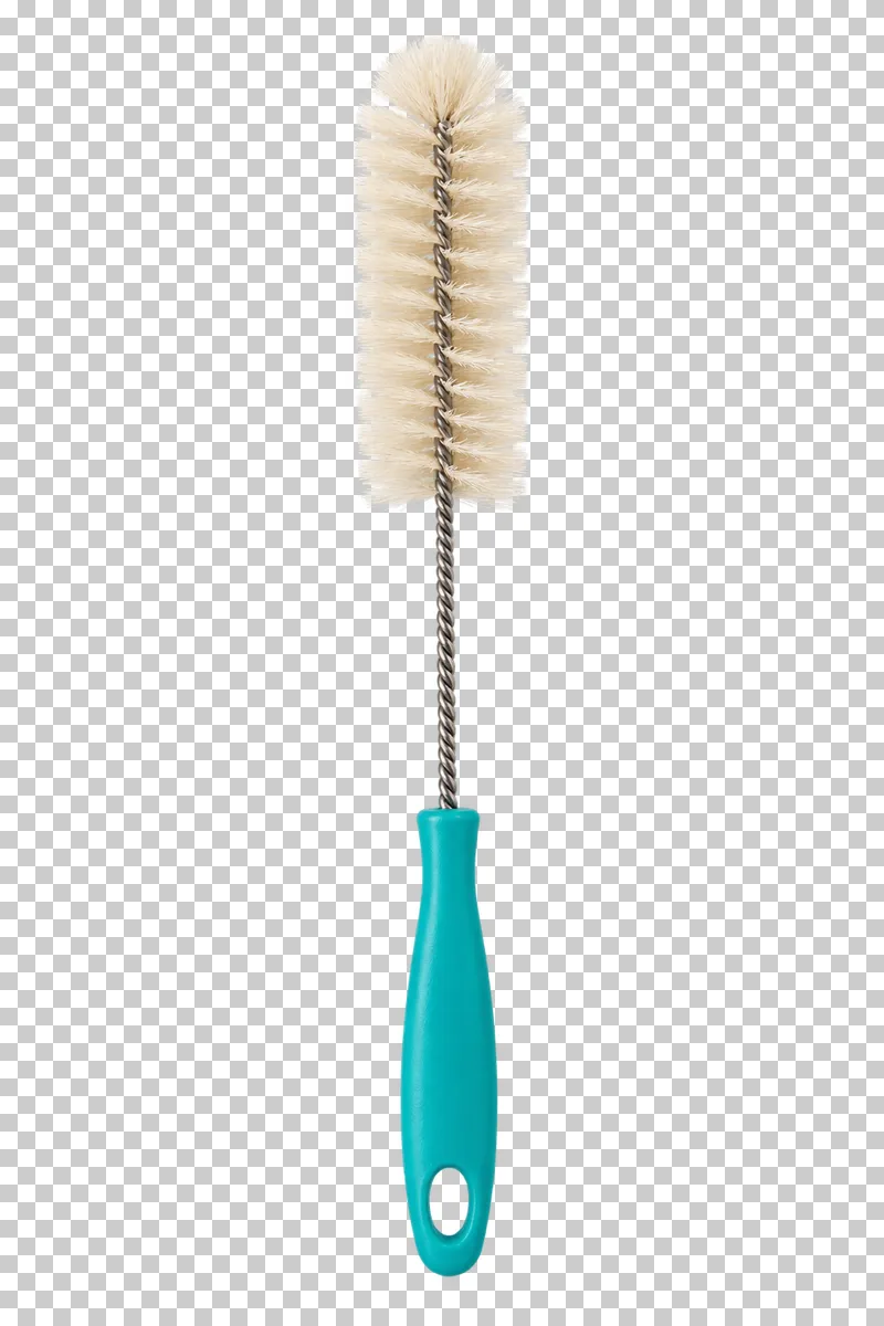 A bottle brush with cream bristles, a twisted steel wire stem and a turquoise handle.