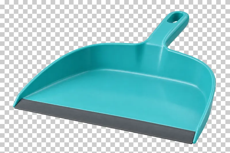 A turquoise dustpan with a short handle and a dark gray rubber lip.