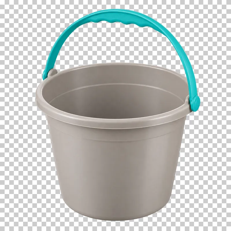 An empty warm-gray bucket with a raised turquoise swing handle.