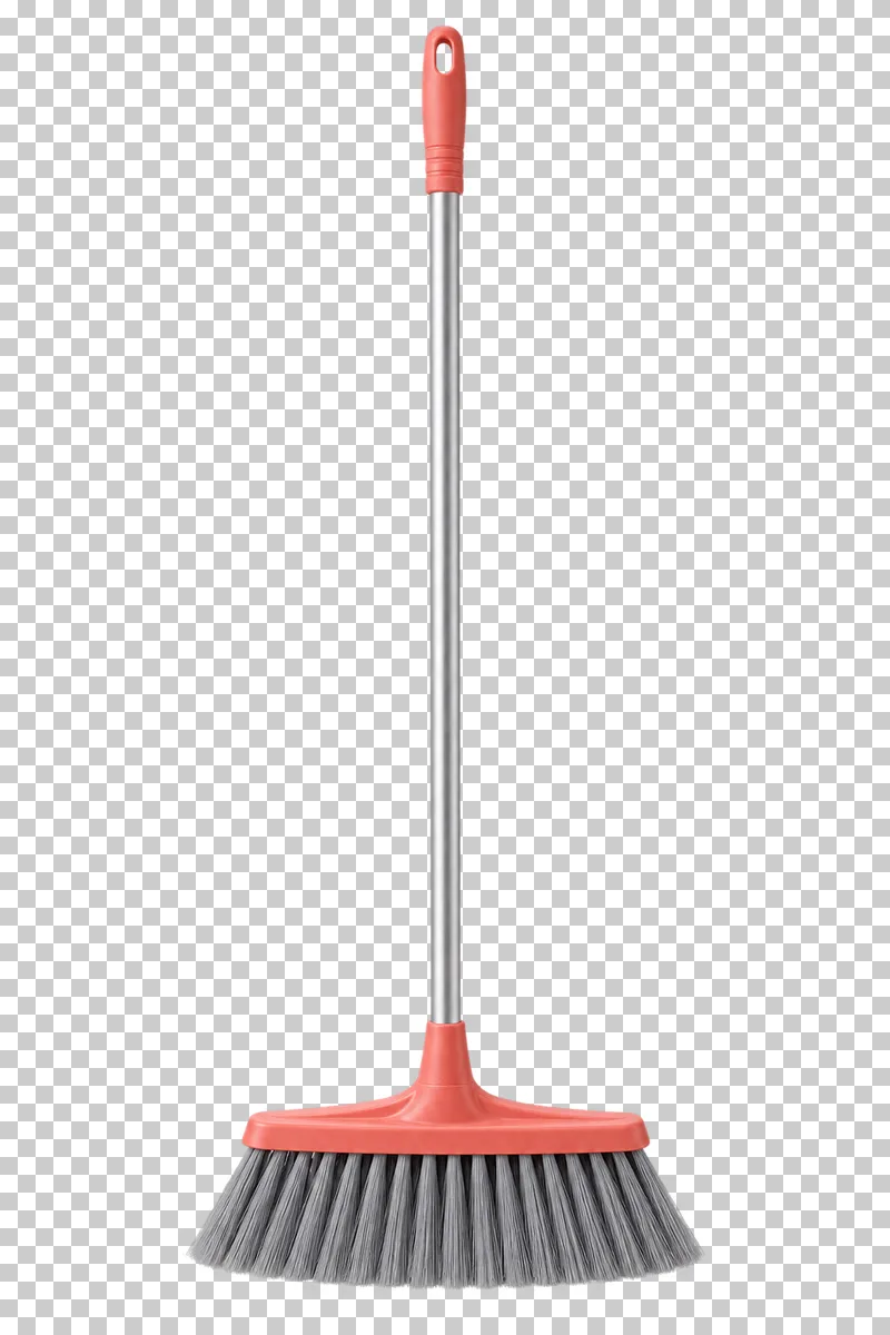 A broom with a complete silver shaft, coral grip and head, and gray bristles.