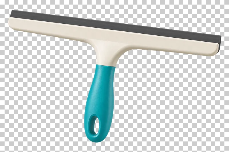 A window squeegee with a white frame, turquoise handle and straight dark gray rubber blade.