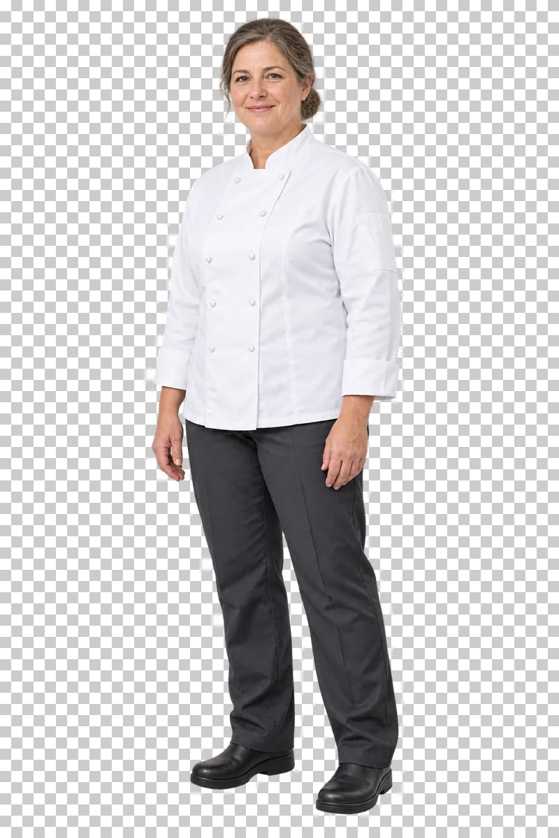 A female head chef with tied-back grey-brown hair standing in a white chef jacket, charcoal trousers and dark work shoes.