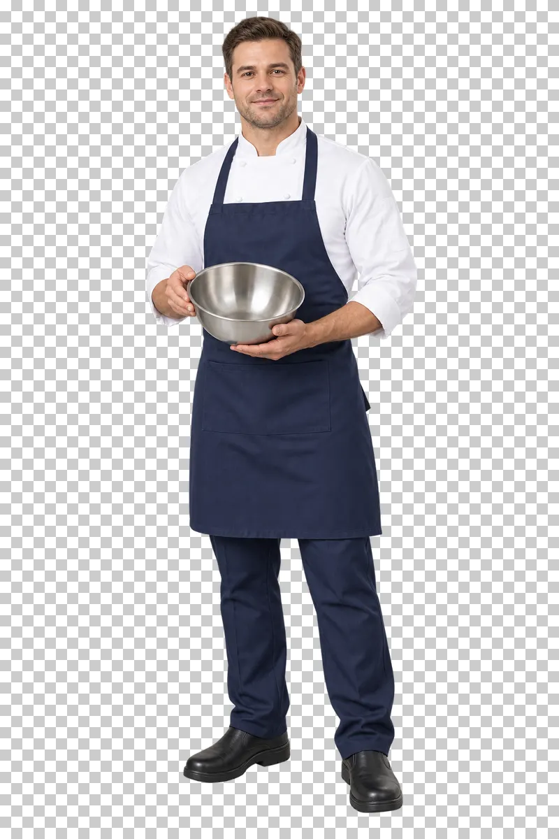 A male cook in a white chef jacket and navy apron holding an empty stainless steel mixing bowl with both hands.