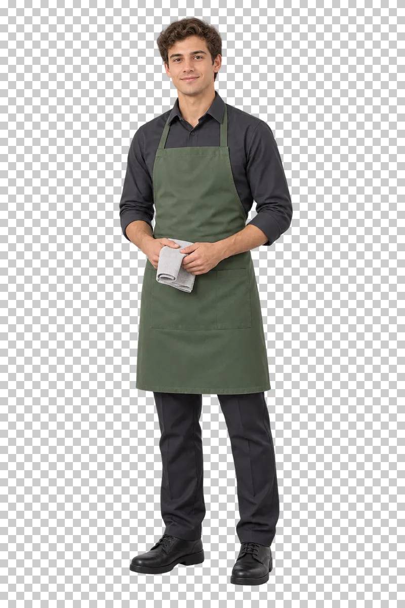 A young male kitchen assistant in a charcoal shirt and muted green apron holding a folded grey kitchen cloth.