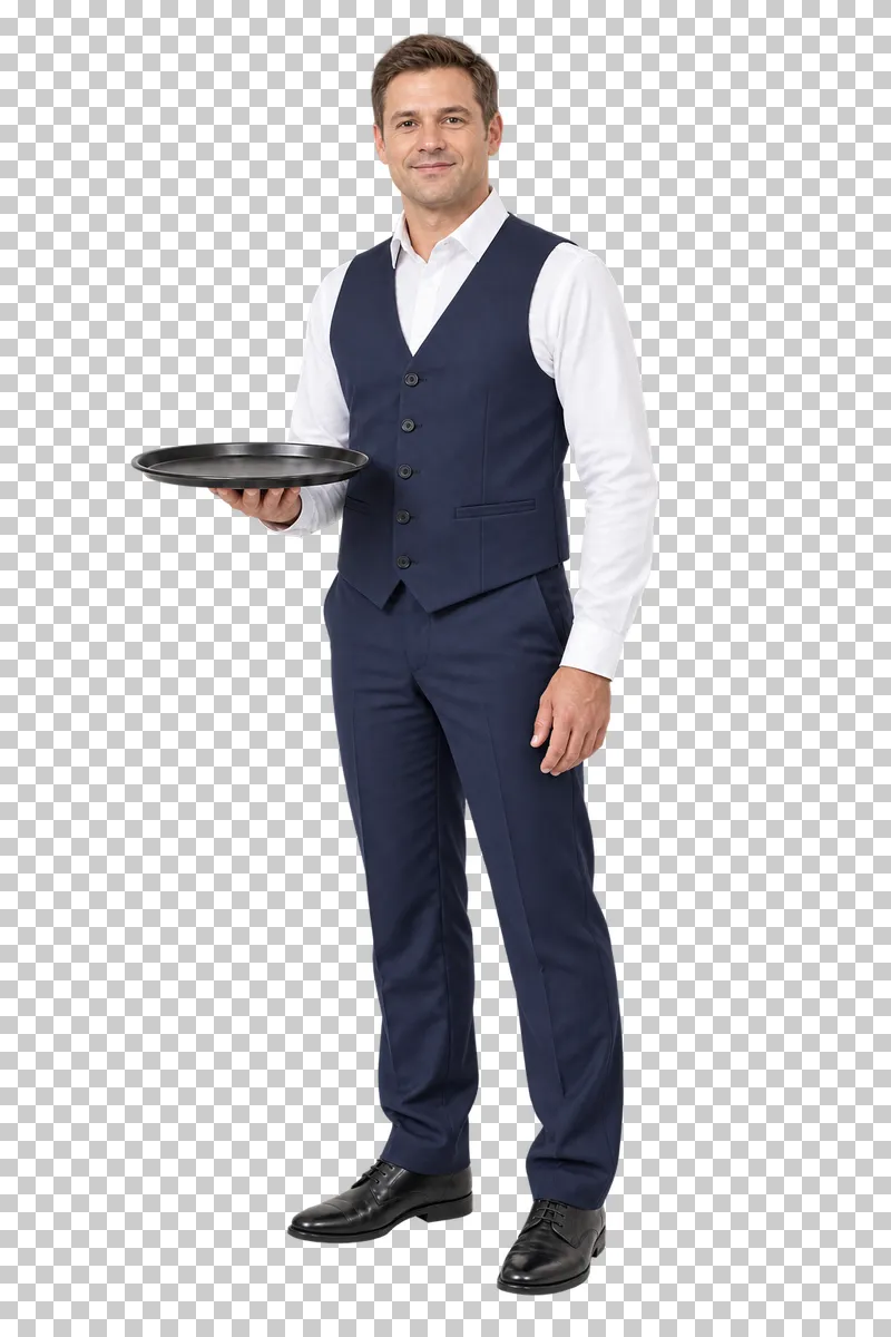 A male waiter in a white shirt and navy waistcoat supporting an empty round serving tray at waist height.