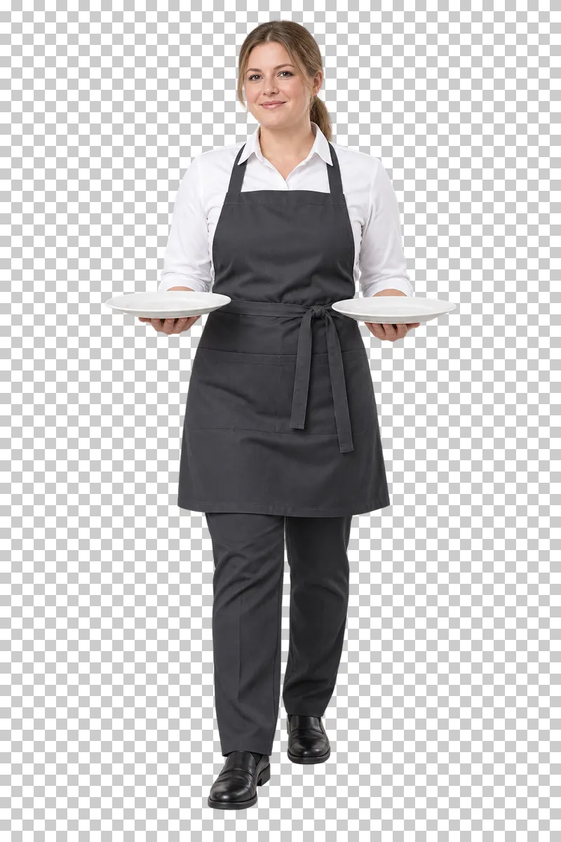 A female waiter in a white shirt and charcoal apron carrying two empty white plates, one supported in each hand.