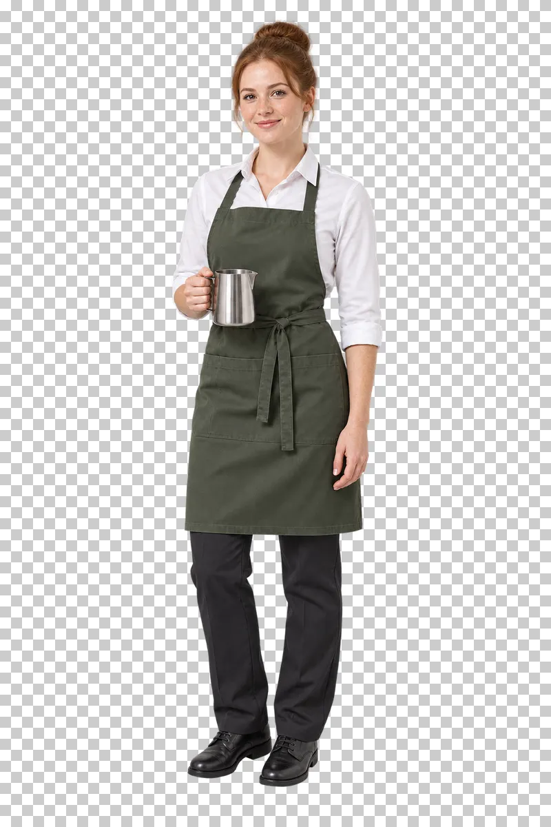 A red-haired female barista in a muted green apron holding a stainless steel milk pitcher by its handle.