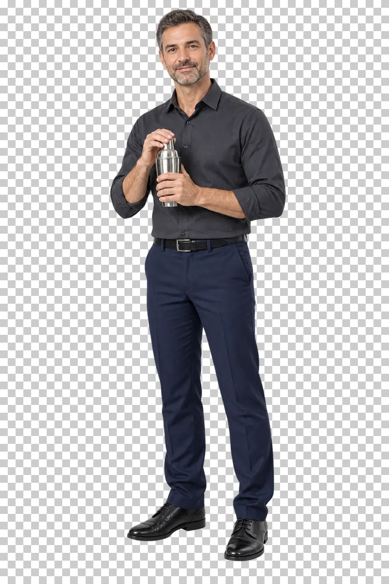 A male bartender with salt-and-pepper hair in a charcoal shirt holding a closed metal cocktail shaker.
