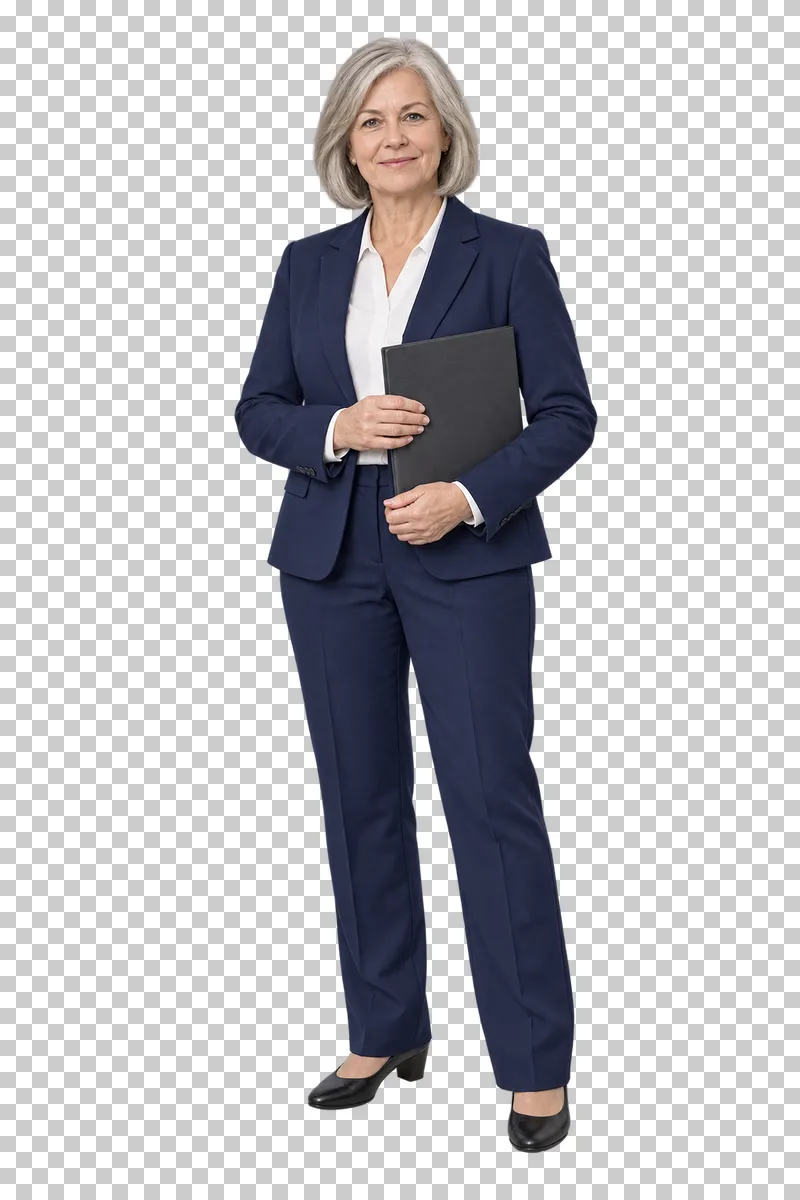 A silver-haired female receptionist in a navy trouser suit holding a closed charcoal document folder.