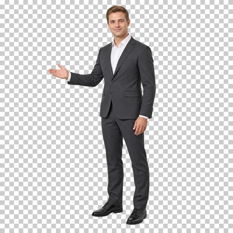 A male receptionist in a charcoal suit indicating a direction with an open hand.