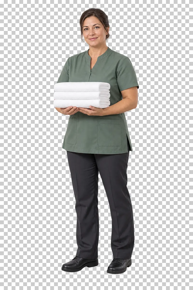 A female housekeeper in a muted green tunic holding three folded white towels with both hands.