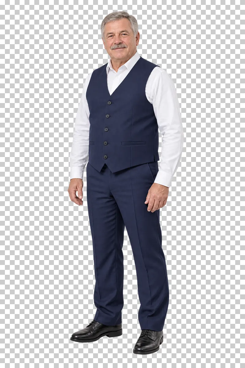 An older male hotel porter with grey hair and a moustache standing in a simple navy uniform without luggage.