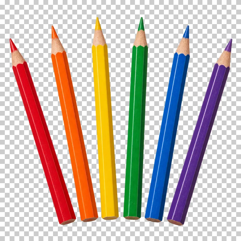Six colored pencils arranged in a fan with gaps between them