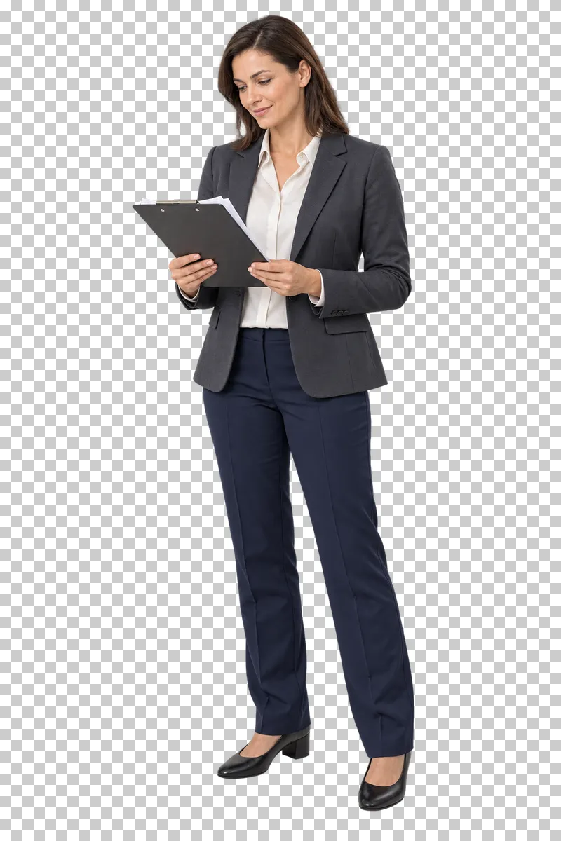 A female restaurant manager in a charcoal blazer and navy trousers reading papers on a clipboard.