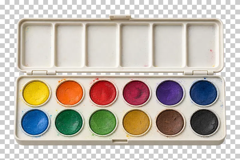 Watercolor paint set in an open compact case
