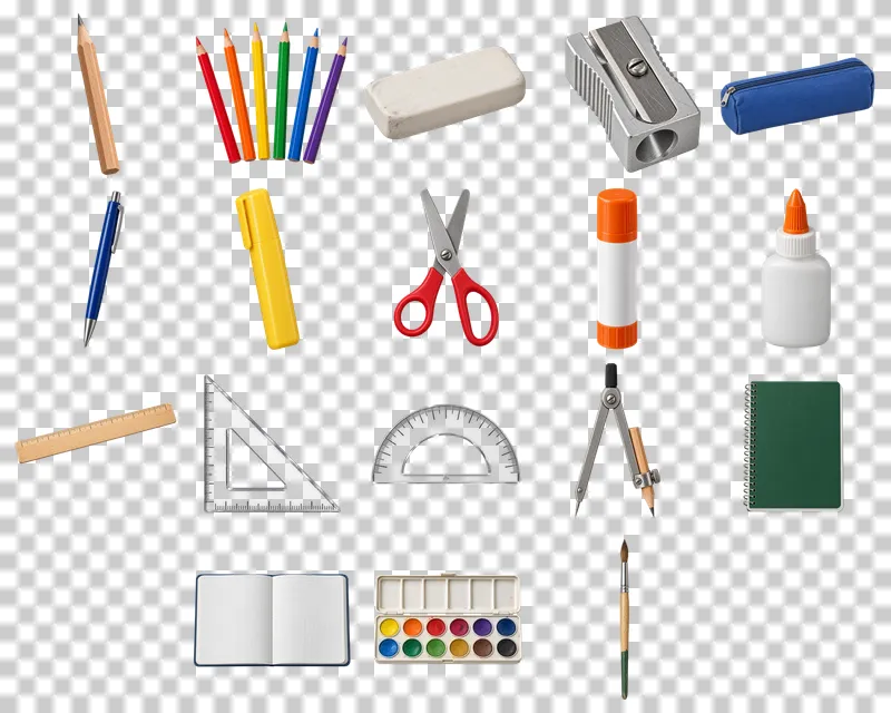 School Supplies Photo PNG Collection: all 18 elements in one grid
