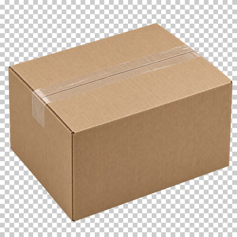 A closed kraft corrugated shipping box sealed along its top seam with clear packing tape.