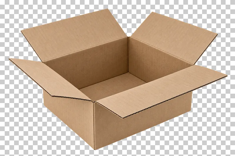 An empty kraft shipping carton with four flaps unfolded outward and its cardboard interior visible.