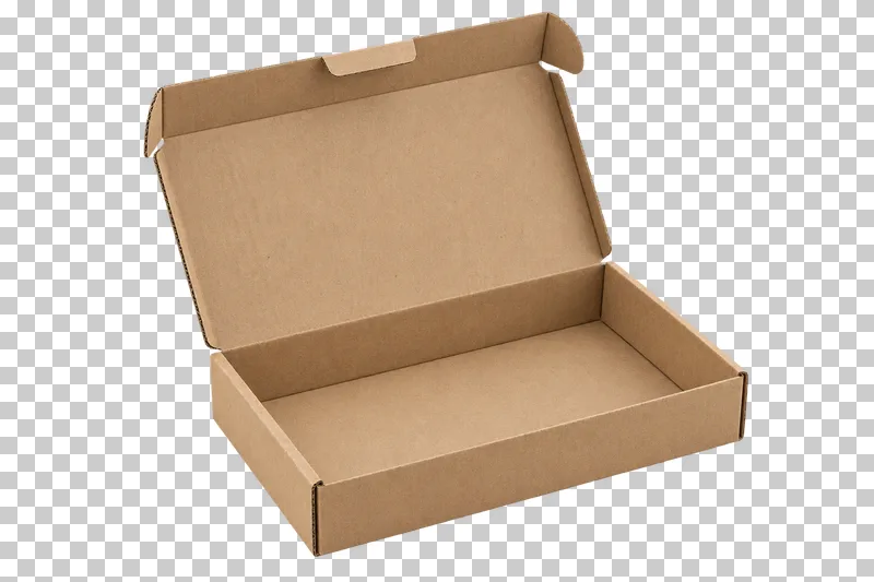 A shallow kraft mailer box with its attached lid raised above the empty tray.