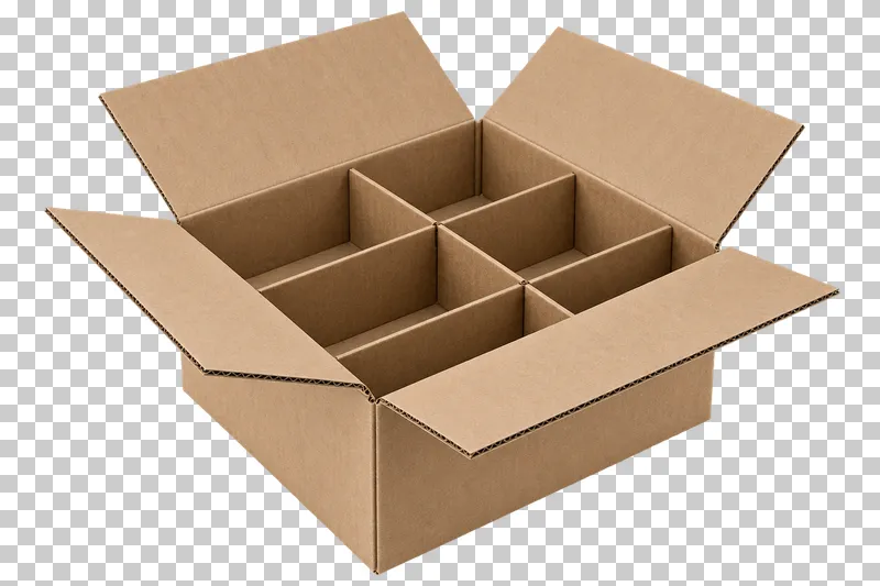 An open corrugated shipping box with cardboard dividers forming six empty compartments.