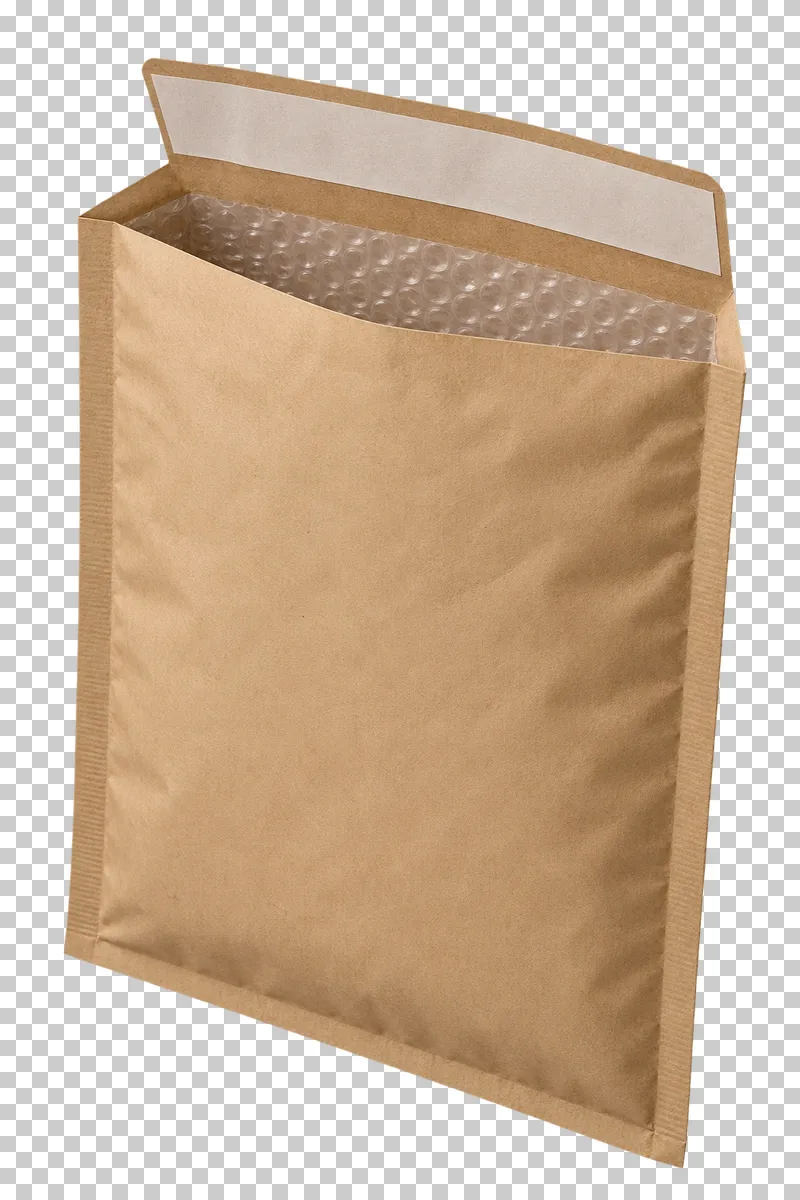 A kraft bubble mailer with an open closure flap, adhesive release strip and visible bubble lining.