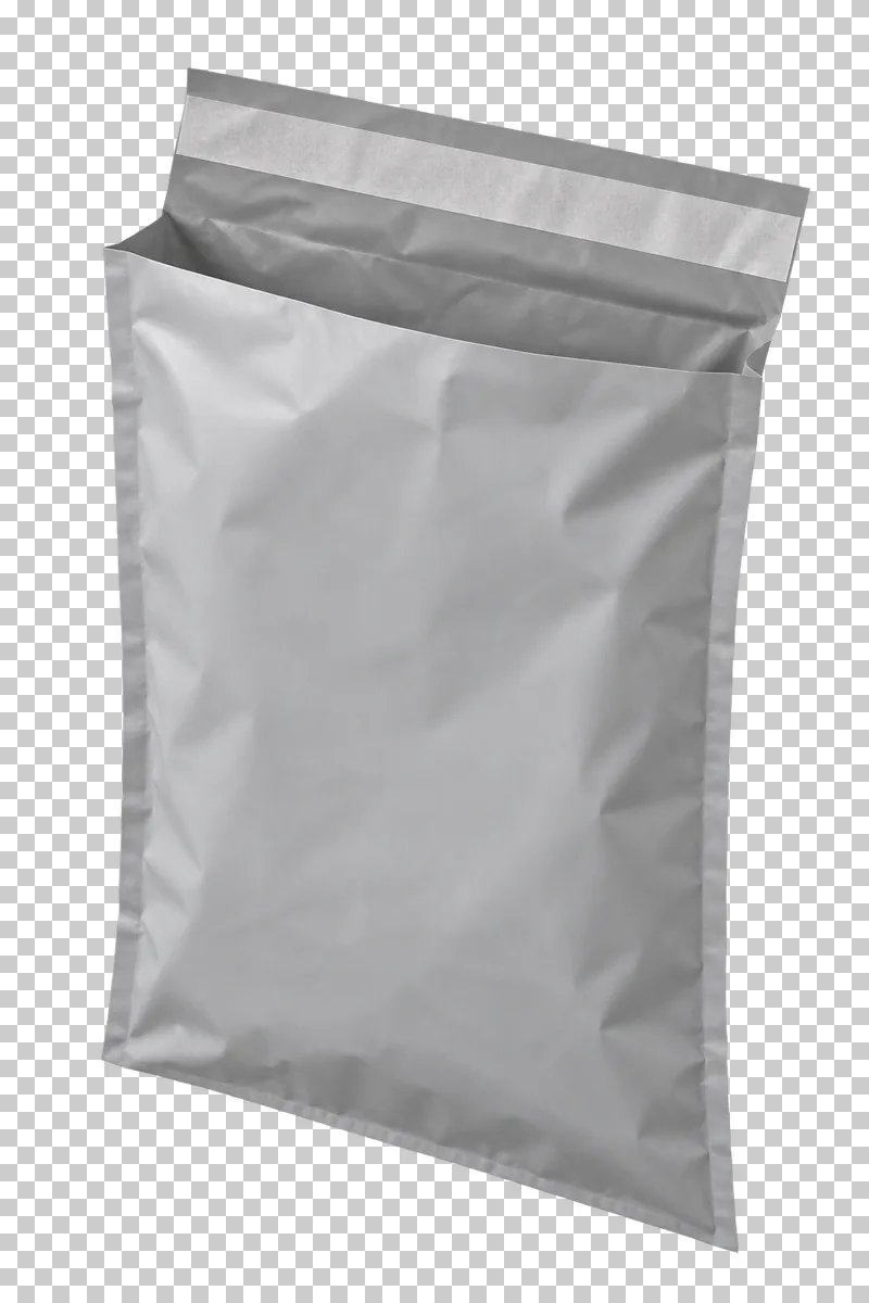 A matte light-gray courier poly mailer with folded seams and an open self-sealing flap.