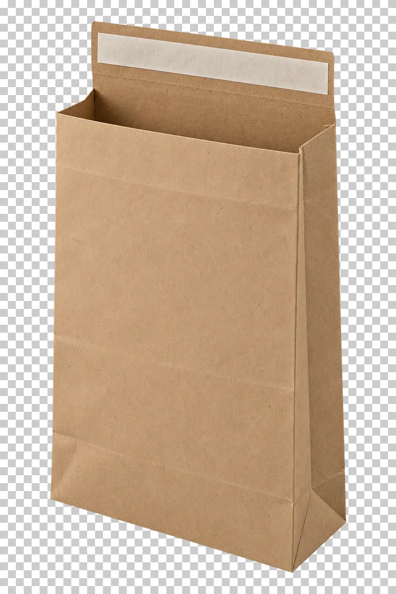 A gusseted kraft paper shipping bag with an open top and an adhesive closure strip.