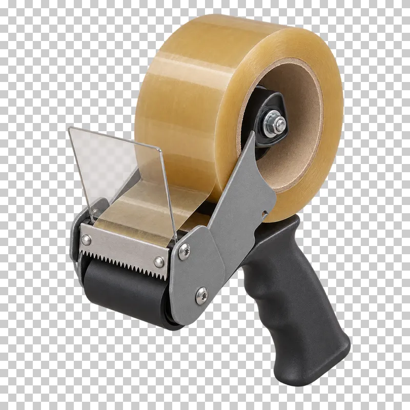 A handheld packing tape dispenser with an amber tape roll, metal frame, cutter and dark handle.
