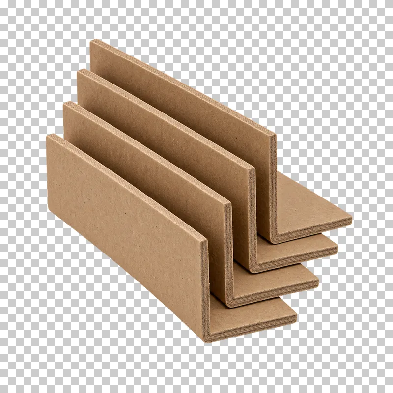 A staggered stack of four L-shaped laminated cardboard corner protectors.