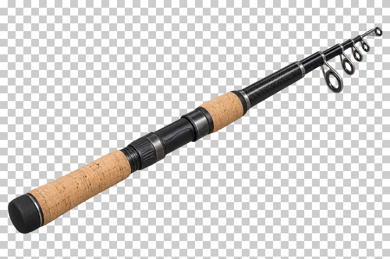 A collapsed carbon-fiber telescopic fishing rod with cork grips and intact metal line guides.