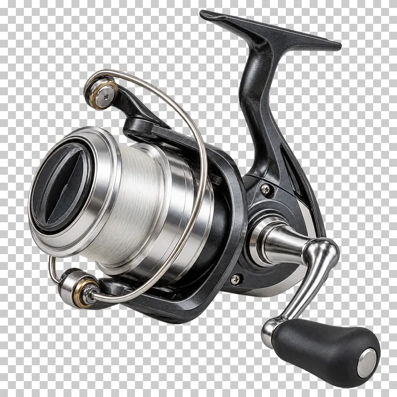 A graphite spinning reel with a silver spool, metal bail and black rubber handle.