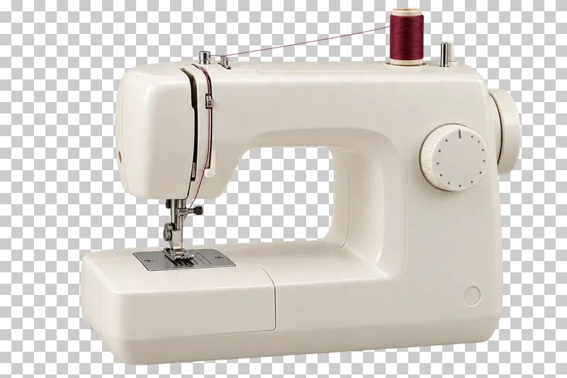 An unbranded cream domestic sewing machine with a burgundy thread spool.