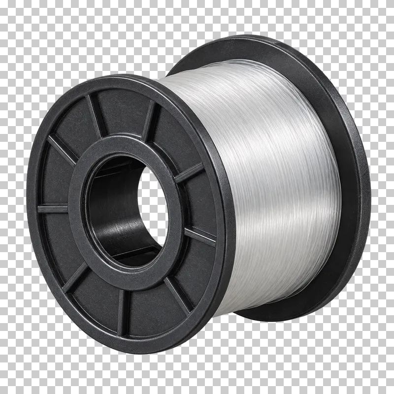 A charcoal plastic spool wound with pale nylon fishing line.