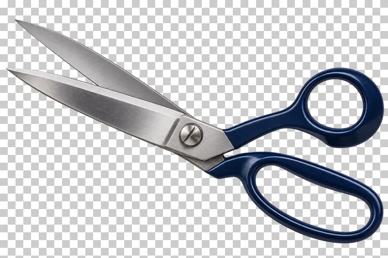 Steel dressmaking scissors with navy handles and slightly open blades.