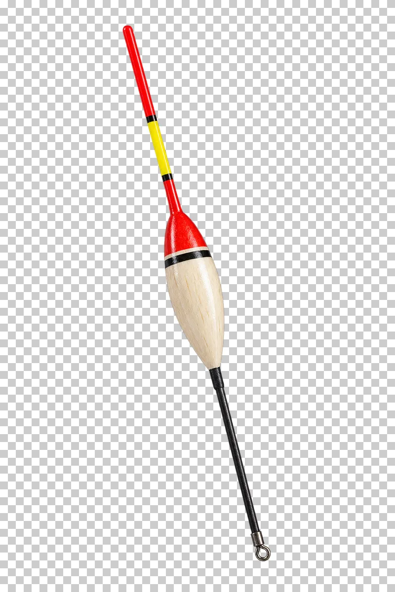 A slender red, yellow and ivory fishing float with a carbon stem and metal eye.