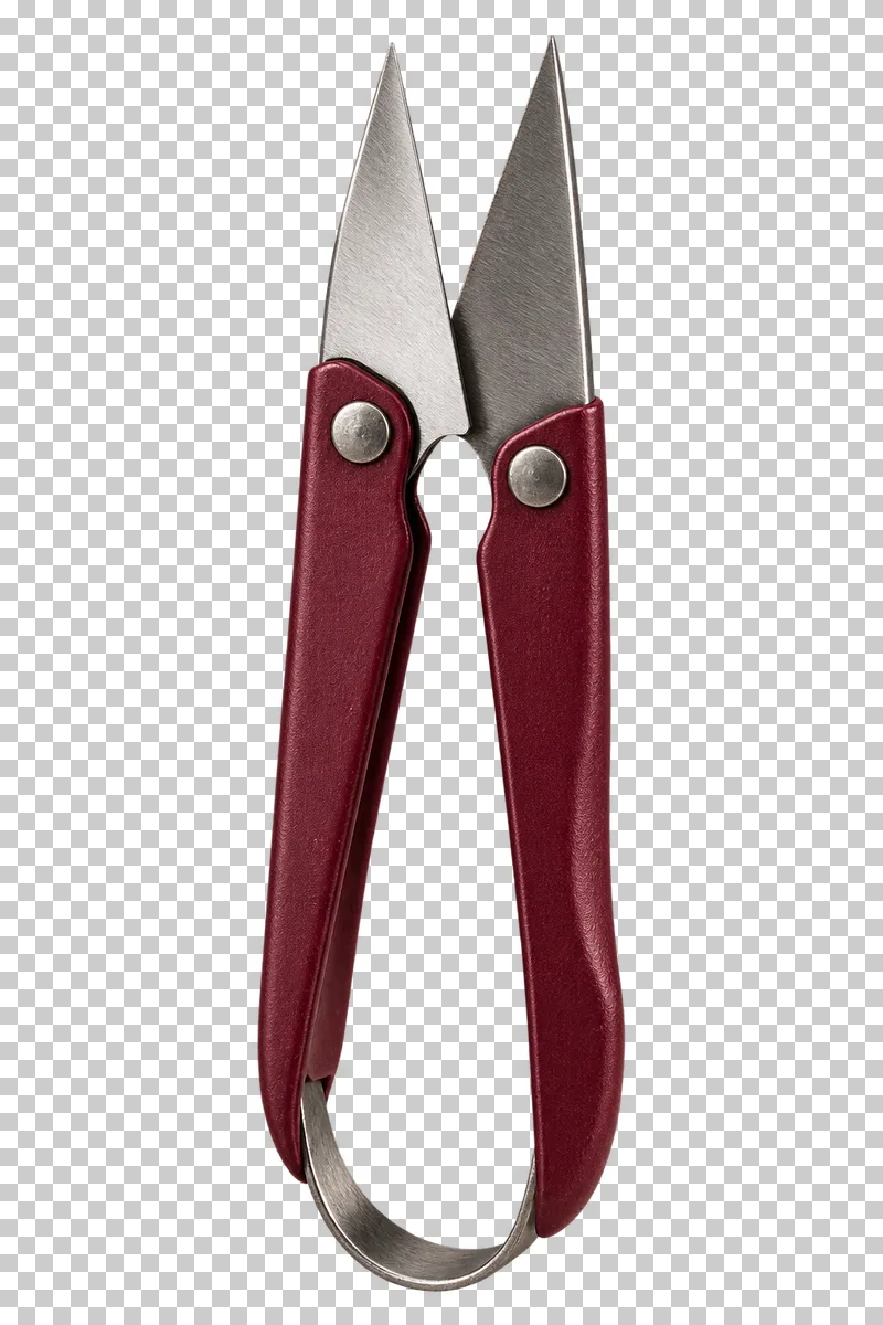 Burgundy thread snips with two steel blades and a U-shaped spring.
