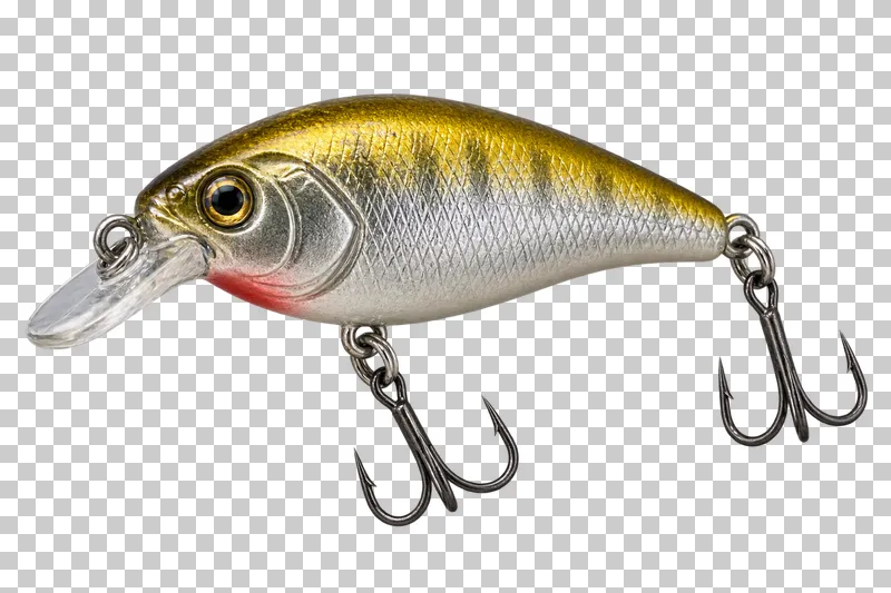 A yellow and silver crankbait with a clear diving lip and two attached treble hooks.