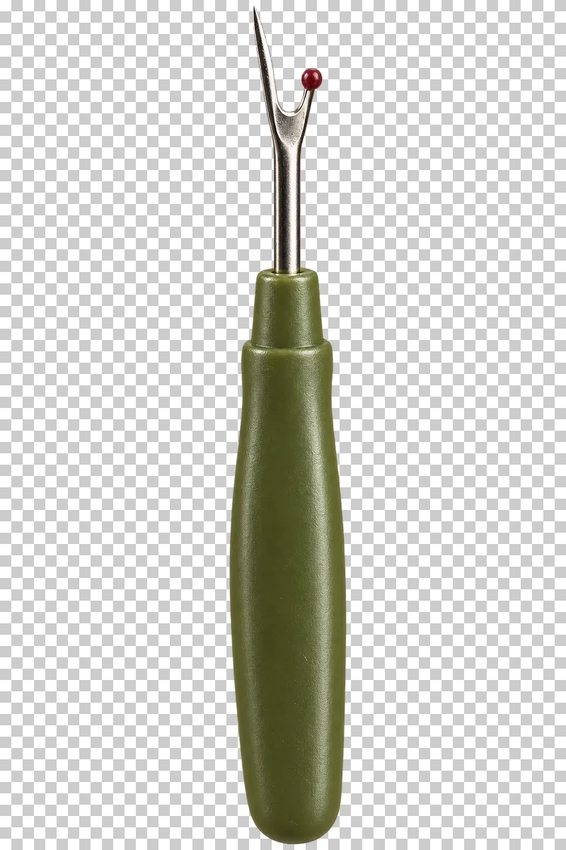 An olive-handled seam ripper with a steel fork and burgundy safety ball.