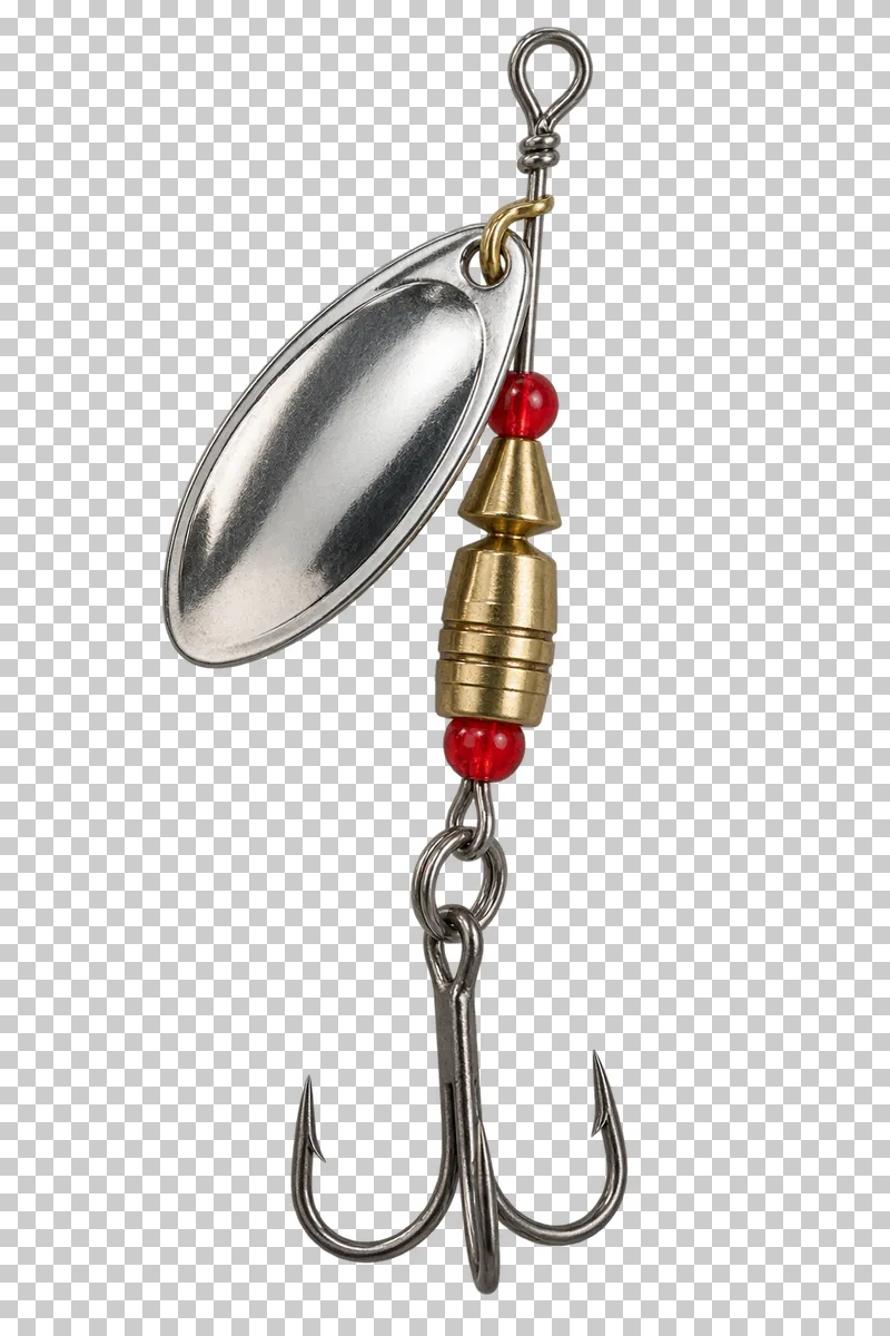 A silver inline spinner with red beads, a brass body and an attached treble hook.