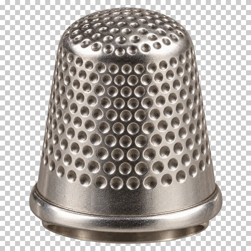 A silver steel thimble with a rounded closed top and recessed dimples.