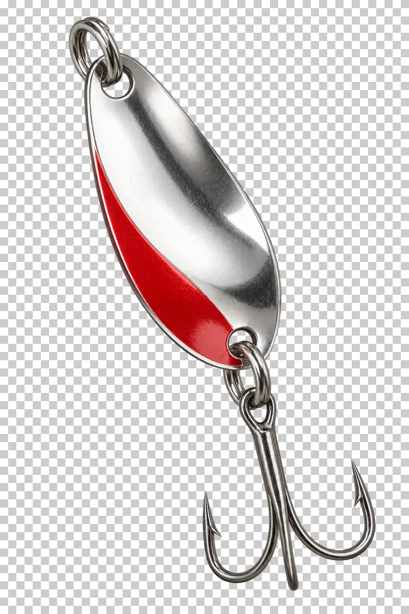 A curved silver spoon lure with a red accent, split rings and an attached treble hook.