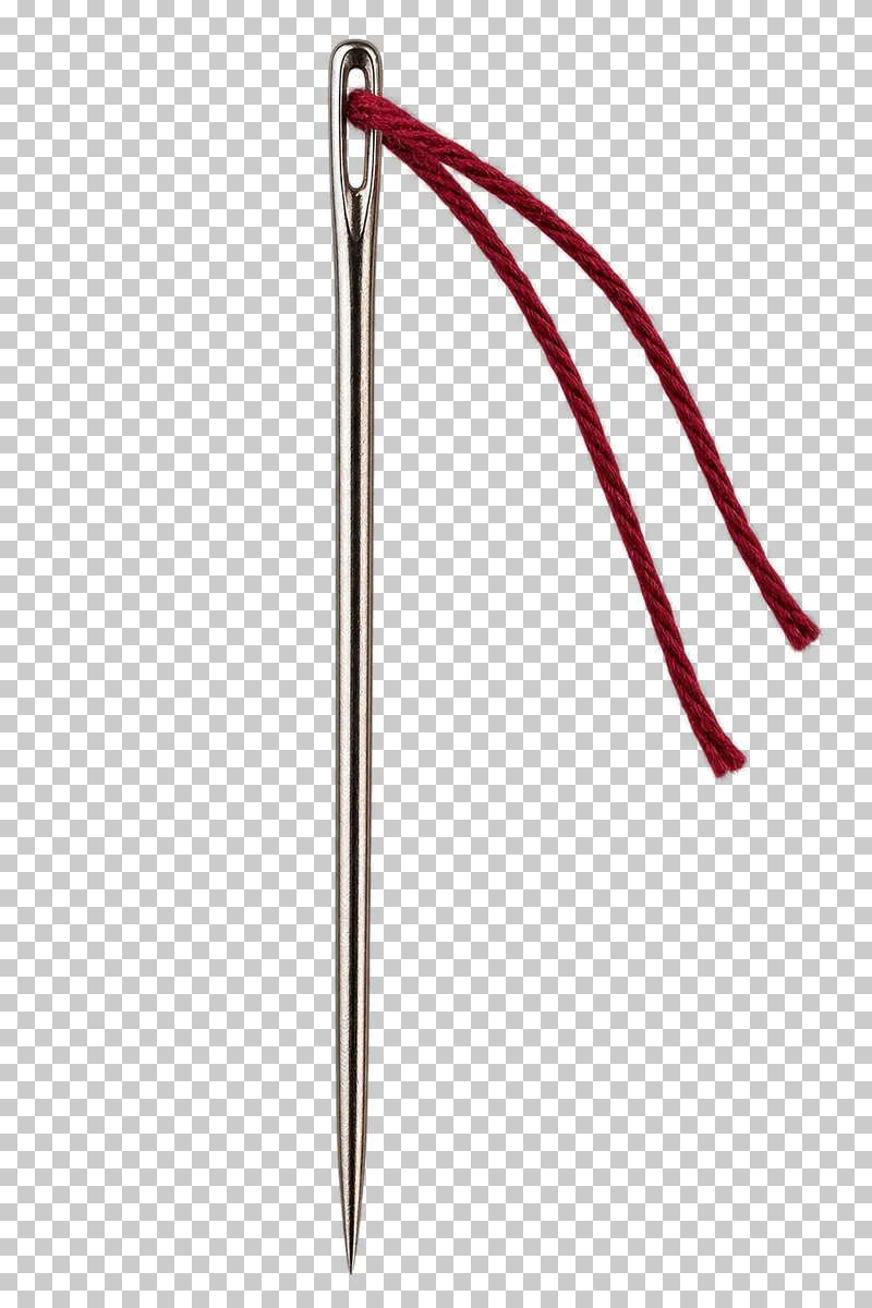 A steel sewing needle with a short burgundy thread passed through its eye.