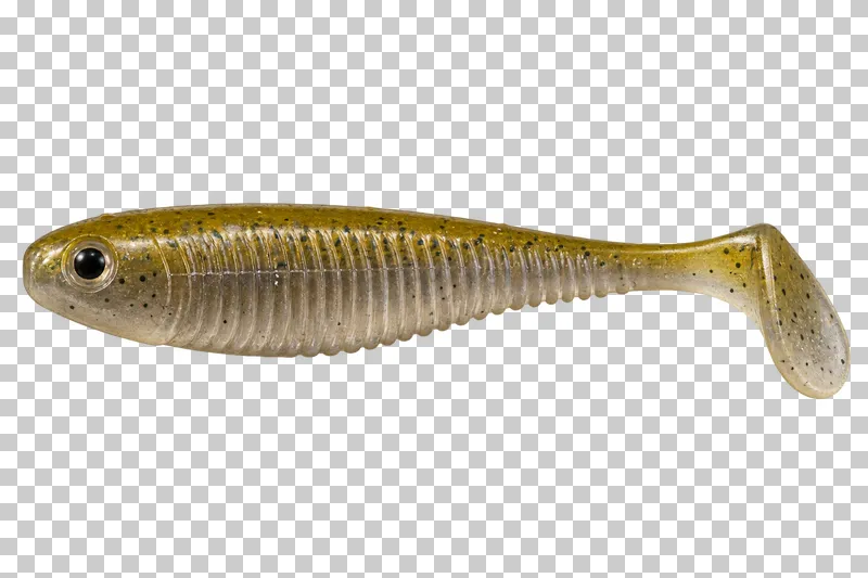 A yellow-gray soft plastic paddle-tail lure with a ribbed body.
