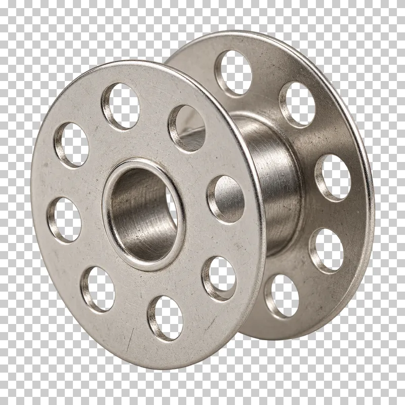 An empty metal sewing-machine bobbin with perforated circular flanges.